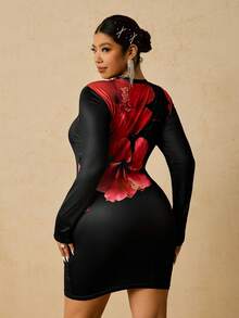 SHEIN VCAY 大码女式花卉印花长袖修身连衣裙，夏季 - 黑色 - 查看 2