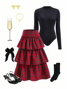 2pcs Women Set: Black Long Sleeve Jumpsuit Top & Red Plaid High Waist Flared Skirt, Casual Comfortable Fitted Outfit Christmas - Multicolor - View 3