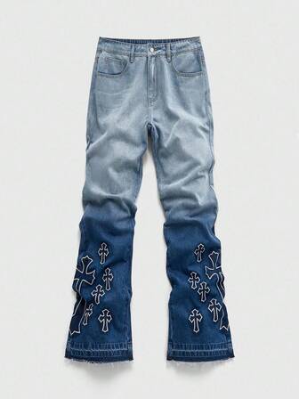 Street Life Jeans acampanados con bolsillo bordado con cruz y dobladillo deshilachado para hombres