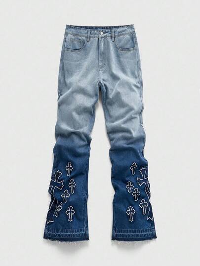 Street Life Jeans évasés avec ourlet effiloché et poche brodée de croix pour hommes
