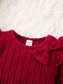 优雅可爱的宝贝女孩红色蝴蝶结针织长袖连衣裙 - 酒紅色 - 查看 4