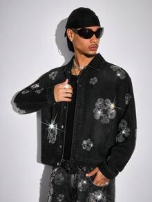 ROMWE MEN Grunge Punk Men's Rhinestone Decor Front Button Casual Long Sleeve Denim Jacket