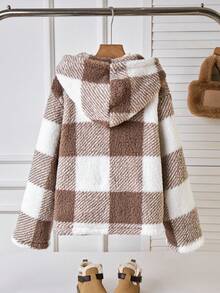 Sparklyn Girls' Fuzzy Plaid Symmetrical Pattern Hooded Casual Versatile Jacket, Suitable For Daily Wear Fall Winter - Multicolor - View 2