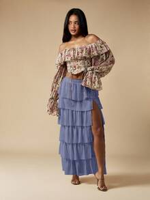 MISSGUIDED Váy Maxi Maxi Chiffon Xẻ Chân Xếp Ly Nhiều Lớp Cho Khách Dự Tiệc Cưới Bãi Biển Mùa Hè, Dài Đến Sàn, Cạp Cao Phong Cách Bohemian, Trang Phục Dạ Hội - Màu xanh hải quân - Xem 3