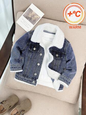 Chaqueta de manga larga con cuello vuelto, forro polar y parches de mezclilla azul para bebé niño