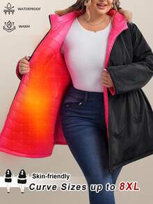 SHEIN CURVE+ 大码女式蓬松毛领连帽拼接长袖加厚棉衣，休闲冬季服装秋季/秋冬 - 彩色 - 查看 9