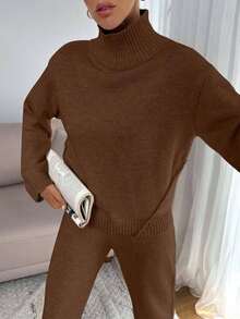 EURMUSE Women Relaxed Fit Turtle-Neck Sweater With Rib Knit Detailed And Straight Knit Pant Set - Brown - View 4