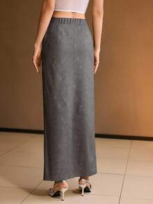 MOTF PREMIUM WOMEN LONG STRAIGHT FITTED RIVET DECOR SKIRT - Dark Grey - View 3