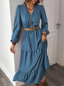 LanaWest Women's Autumn Bohemian Casual Vacation Style Rust Brown Design V-Neck Long Sleeve Patchwork Dress