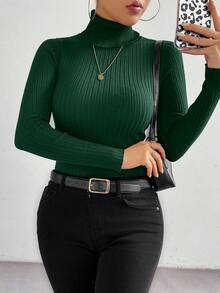 RosyDaze Women's Solid Color Long Sleeve Basic Minimalist Turtleneck Sweater, Autumn/Winter - Dark Green - View 5