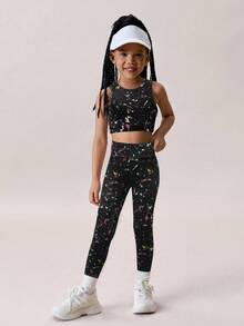 SHEIN 2 sztuki/zestaw dziewczęcy, krótki top i legginsy z nadrukiem tie-dye, elastyczny i przyjazny dla skóry zestaw fitness do jogi