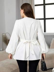 Modelyn Plus Size Elegant Commuter Solid Color Lantern Sleeve Cinched Waist Shirt - Beige - View 2