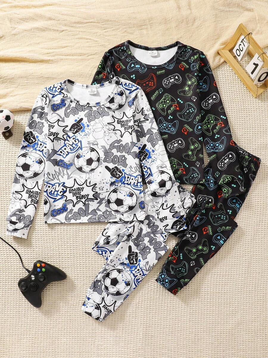 4pcs/Set Tween Boy Knitted Round Neck Long Sleeve Top&Long Pants,Football,Game Console,Cute White Graphic,Holiday Autumn Snug-Fit Loungewear,Snug Fit - Multicolor - View 1