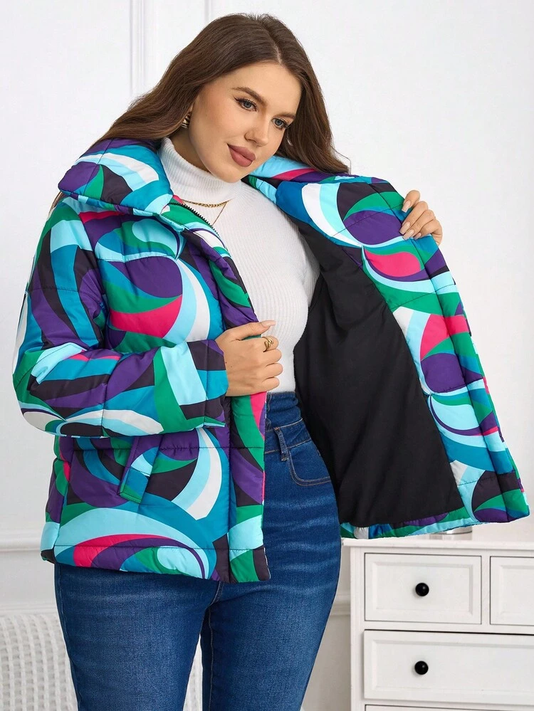Plus Size Colorful Print Thermal Lined Long Sleeve Jacket Coats For Women Plus Outerwear Women, Autumn/Winter,2025 New