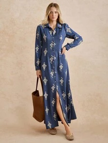 Écloséra Women's Fashion French Retro High-End High-Quality Blue Textured Fabric Full-Length Print Waist Umbrella Skirt Hem Long Sleeve Button-Down Lapel Shirt Dress Straight Shoulder Long Women's Dresswinter Dress Women Fall Dresses For Women Wedding Guest Dress Casual Dresses For Women Luxury Evening Dresses For Women Vestidowinter Winter Clothes Winter Clothes For Women Women's Winter Clothes  Fall Clothes For Women Autumn Fall Autumn Clothes Fall Outfits For Women New Year New Year Outfit New Year Women Thanksgiving Party Wedding Elegant  Casual Luxury Elegant Fashionable Casual Commuting Business Office Daily Leisure All-Match Temperament Urban Teacher Professional Attire - Navy Blue - View 4