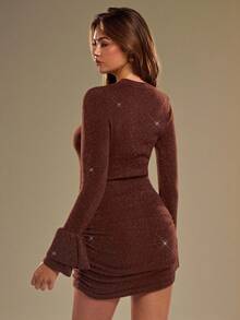 SHEIN BAE Ruffled Flare Sleeve Gathered Waist Bodycon Sweater Dress For Women, Brown Dress For Women,Fall Clothes For Women,Dresses For Women,Halloween,Winter Clothes For Women,Back To School,Brown Ruffled Sweater Miniskirt,Party Dress,Sparkling Sweater Dress,