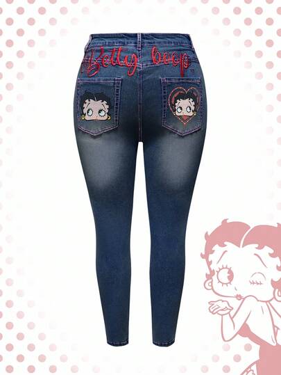 Betty Boop | ROMWE Skinny Jeans in Dunkelblau, Große Größen mit gewaschener Buchstickerei