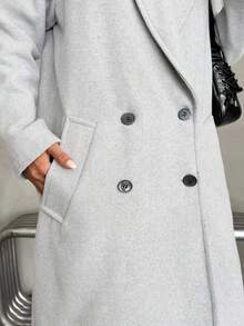 EURMUSE 女式纯色做旧领长袖双排扣长款休闲大衣 - 淺灰色 - 查看 7
