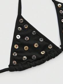 ROMWE Top de bikini de mujer con decoración de botones de concha en estilo retro Y2K sexy - Negro - Ver 3
