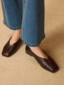 MOTF 女士法式复古纹理PU皮革石纹方头平底鞋，棕色百搭单踏板防滑简约休闲优雅高贵玛丽珍鞋