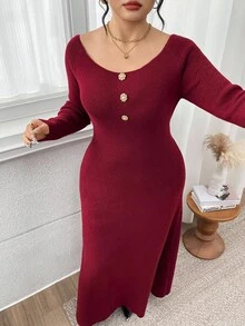 Modelyn 秋季大码女式优雅针织长袖连衣裙，纽扣设计，后背蝴蝶结装饰 - 酒紅色 - 查看 7