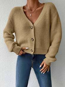 SHEIN Cottnline Women's Solid Color V-Neck Front Button Casual Versatile Long Sleeve Cardigan - Camel - View 4