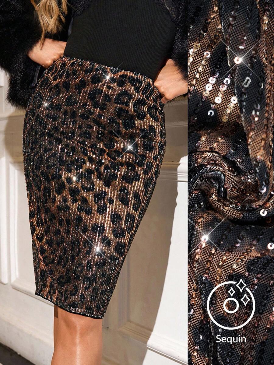 SHEIN Clasi 女士优雅豹纹亮片性感紧身派对半身裙 黑色豹纹闪亮亮片半身裙 女士奢华晚宴裙 婚礼舞会裙 秋季裙 新年万圣节圣诞节裙 豹纹裙 猎豹纹裙 亮片豹纹裙 新年女士优雅派对闪亮半身裙 - 彩色 - 查看 1