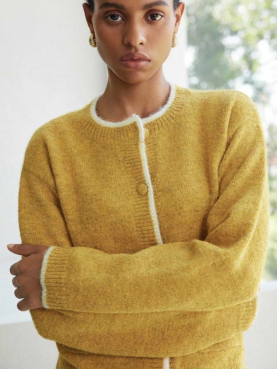 Lumivelle Loose Single-Breasted Round Neck Contrast Color Knit Cardigan - Yellow - View 1