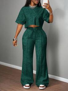 Slaydiva 2025 Spring And Summer New All-Match Casual Street Style Black And Gray Snowflake Fabric, Round Neck Loose Short-Sleeved T-Shirt + High Waist Strap Flared Trousers Ladies Two Pieces Suit, Suitable For Music Festivals, Easter, St. Patrick, Daily Outings, Parties, Graduation Season, Sports And Leisure