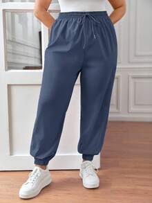 SHEIN PETITE CURVE Plus Size Drawstring Waist Pants, Jogger Pants, Loose Fit/Winter - Blue - View 4