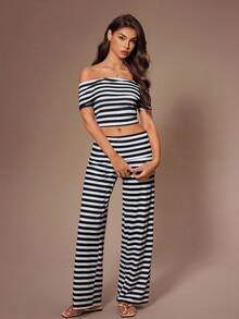Lazeform Casual Women Ribbed Off-Shoulder Twist Back Pajama Set Women Two Pieces Set Casual Two Pieces Set Co Ord Set Women 2 Pieces Set
