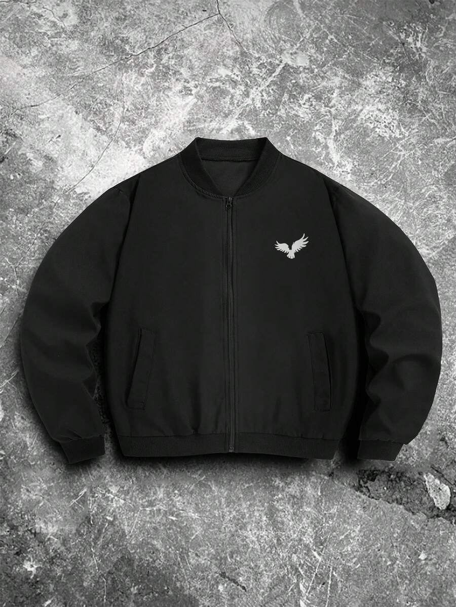 Manfinity Homme 男士休闲鸟纹拉链夹克，秋季 - 黑色 - 查看 1