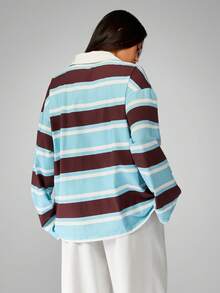 MISSGUIDED Cotton Retro Stripe Rugby Polo Oversized Long Sleeve Collared Pullover Autumn Winter Casual Weekend Loungewear Preppy Relaxed Fit Classic - Multicolor - View 2
