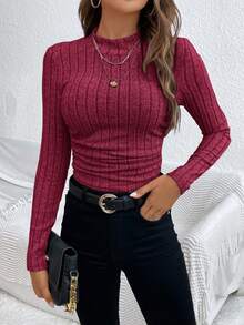 SHEIN Frenchy 女士休闲纯色罗纹针织褶皱 T 恤 - 紅色 - 查看 4