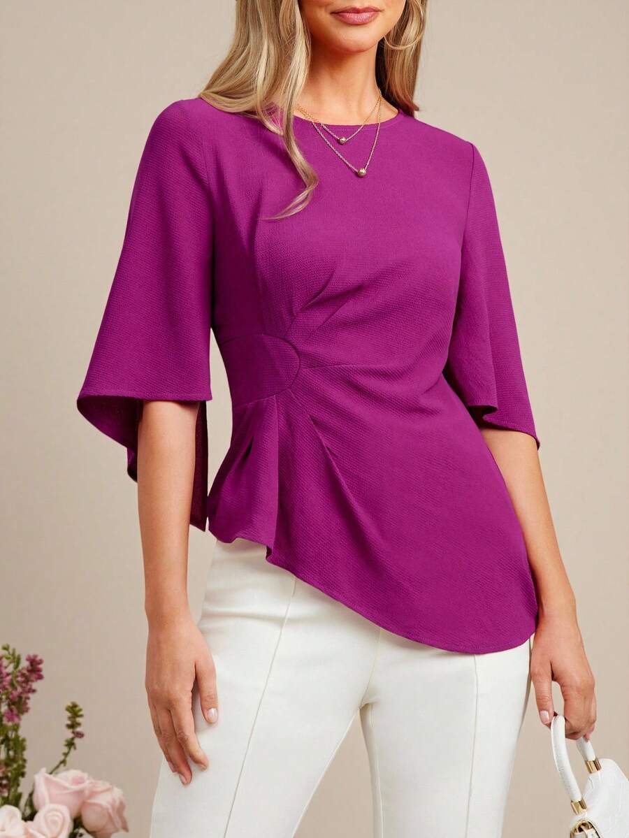 Amorya Women's Solid Color Elegant Vacation Pleated Blouse Purple Blouse Women