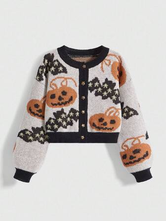 Fairycore Damen Vintage Kürbis, Fledermaus & Stern Jacquard Strickjacke für Halloween