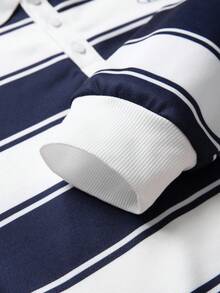 JNSQ Tween Boy Striped & Letter Print Polo Neck Pullover Sweatshirt, Suitable For Autumn/Winter Daily Wear, Outdoor Activities, Vacation, Streetwear, Party And Casual