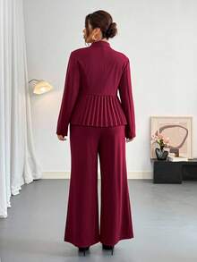 Firerie Ensemble 2 pièces élégant avec Top à manches longues plissé à double boutonnage et pantalon, couleur unie, grande taille - Rouge - Voir 2