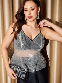 Auralis Plus Size Fashionable Sequin Mesh Camisole For Summer - Black - View 5