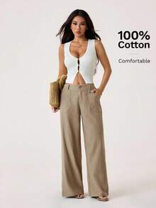 SHEIN PETITE 100% 水洗棉低腰直筒裤，亚麻材质，女士夏季裤装，棉质阔腿裤，适合夏季、秋季穿着。 - 駝色 - 查看 8