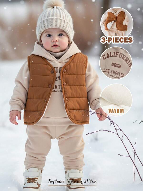 Cozy Pixies 3 Stücke Baby Jungen Set mit Buchstaben-Muster, bestehend aus weichem Strick-Kapuzenpullover, Hose mit elastischem Bund und ärmelloser gepolsterter Weste