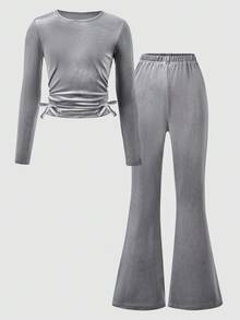 SHEIN Explorewe 青少年女孩纯色圆领长袖蝴蝶结装饰T恤和喇叭裤套装