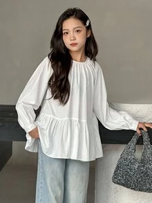 Dazy Kids Tween Girls Round Neck Long Sleeve Woven Shirt - White - View 7