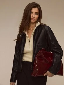 ATUI Studio Women's Black Casual Loose Long Sleeve Jacket, Autumn/Winter Fabric, Wide Shoulder Zip-Up PU Leather Jacket