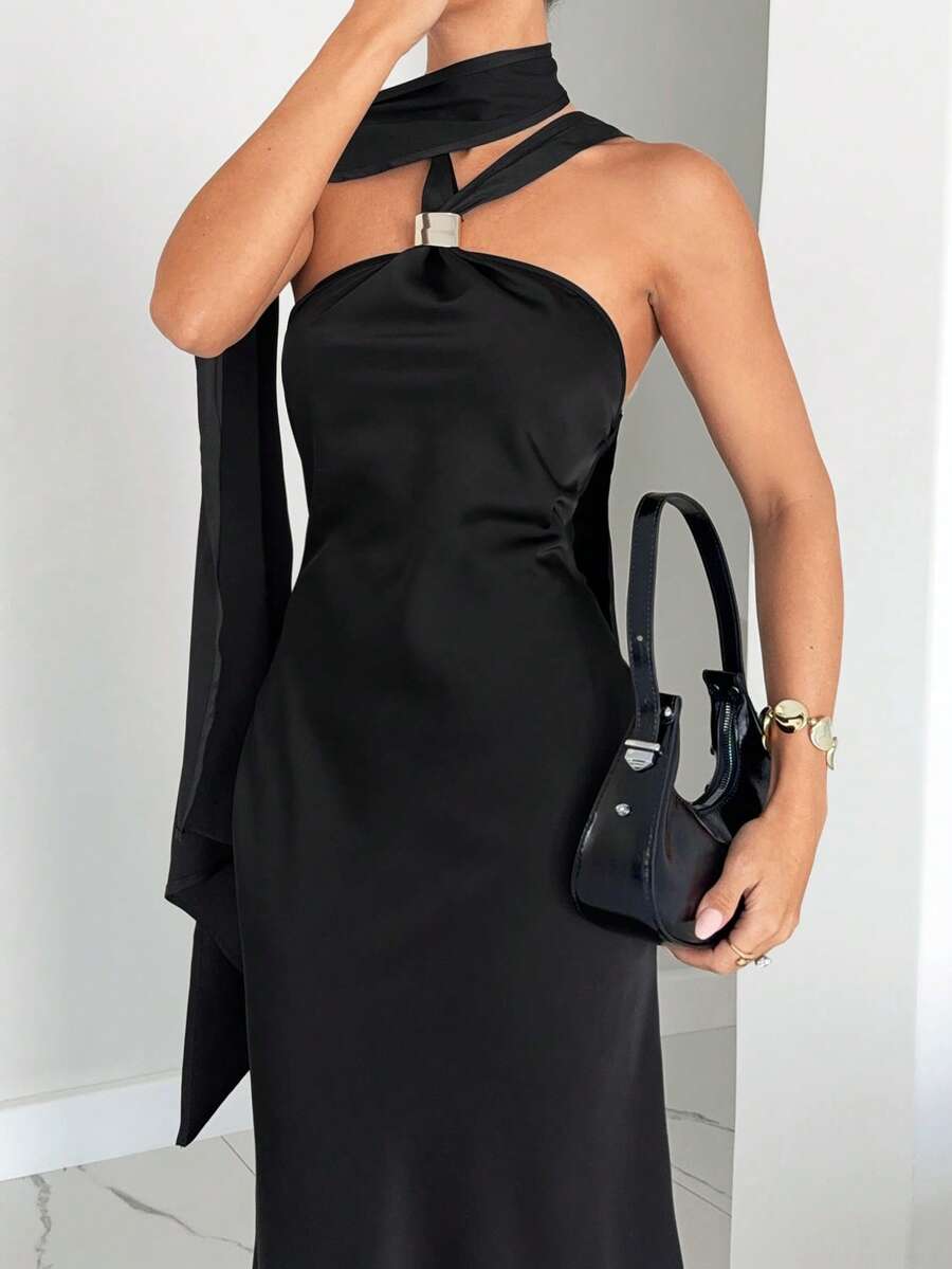 Siren Gaze Siren Gaze Black Dress  Elegant Dresses For Women Women Dresses Autumn Winter   Women's Christmas Party Black Metal Button Satin Ribbon Open Back Tie Long Dress Women's Fashionable Sexy Backless Halter Long Dress