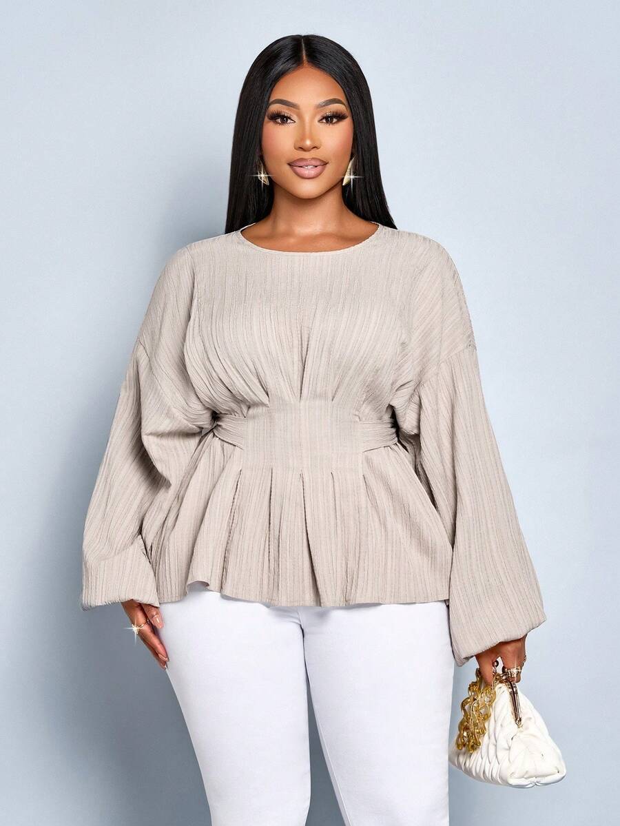 SOLERSUN Women's Plus Size Fashion Solid Color Loose Casual Outing Deep Pleated Bat Sleeve Long Sleeved Shirt Loose Casual Shirt Tops,Crop Tie Back Blouse Women's Solid Color Round Neck Belted Long Sleeve Blouse Autumn/Winter Women Clothes