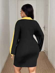 Maweii Plus Size Patchwork Fitted Draped Neck Casual Commuter Stylish Short Dress, Autumn/Winter