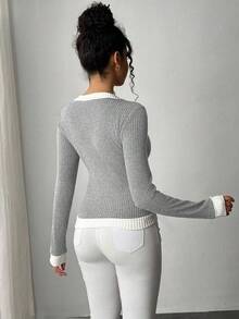 Elenzga New Design Patchwork 2 In 1 V-Neck Slim Fit Long Sleeve T-Shirt, Autumn/Winter Women Tops For Spring - Grey - View 2