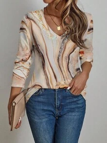 EMERY ROSE 女士V领全印花休闲长袖T恤，秋冬季，休闲款 - 彩色 - 查看 4