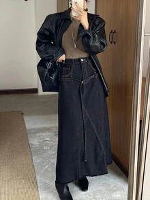 DAZY 女士腰带设计流苏下摆长款休闲牛仔裙 - 深色水洗藍 - 查看 2